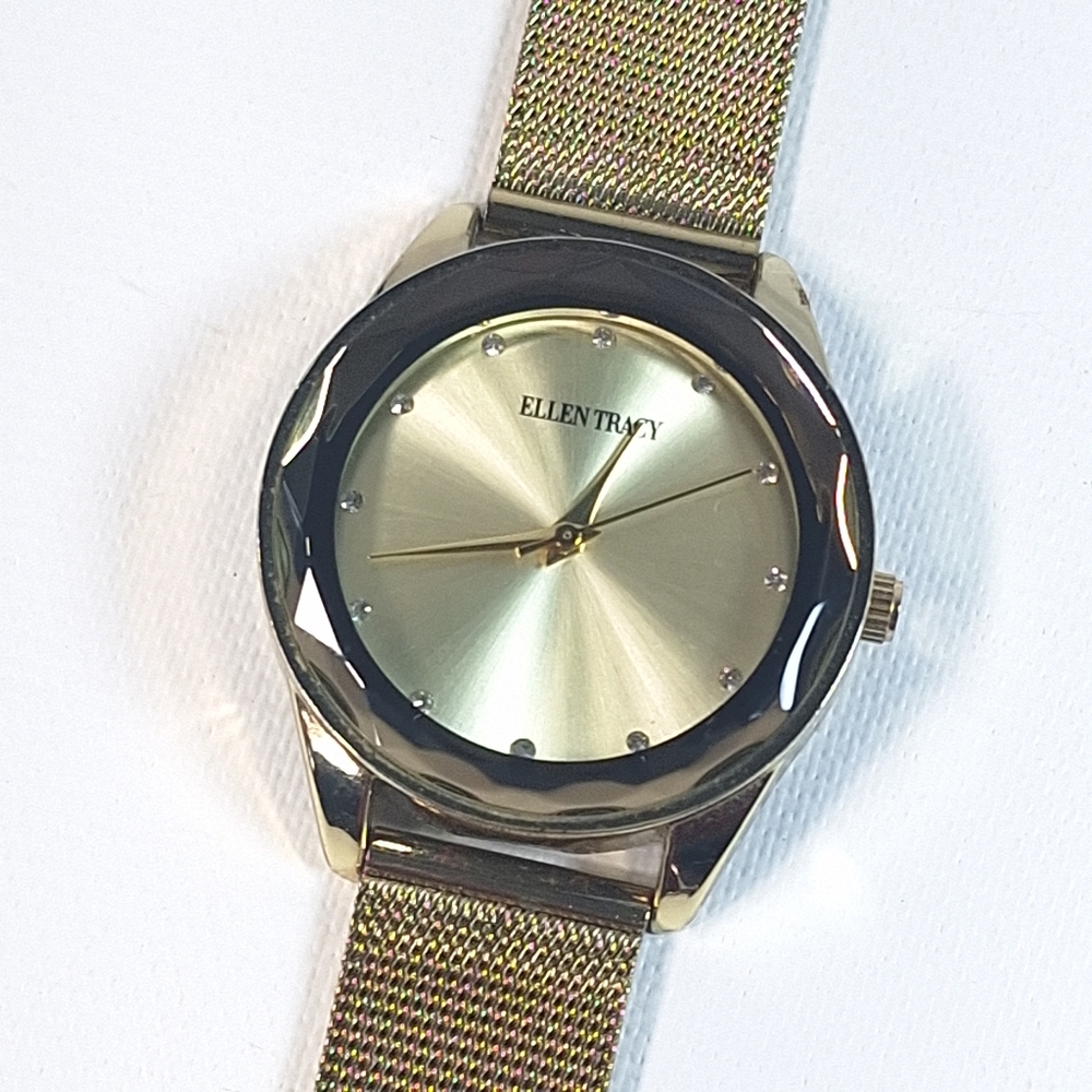 Vintage Ellen Tracy Classic Quartz Metal Gold Tone Mesh Watch, New Battery